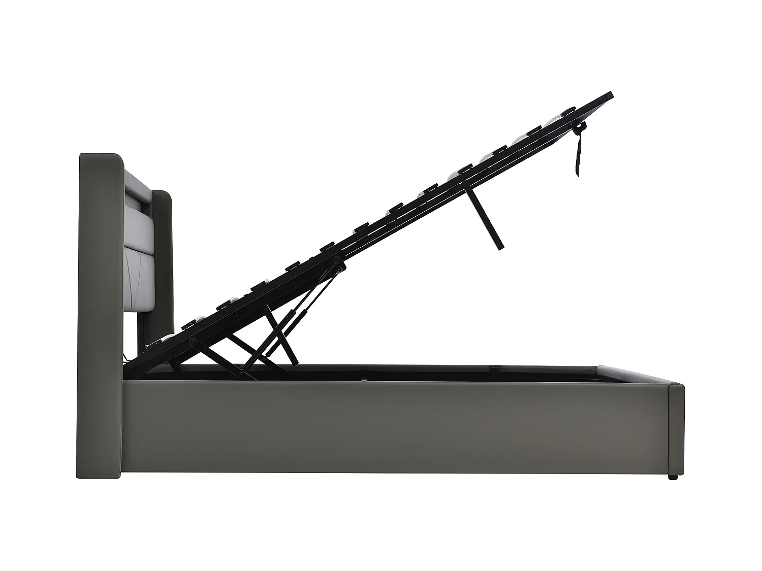 Lit coffre 140x200 cm avec sommier - tête de lit rembourrée avec LED - similicuir gris (sans matelas)