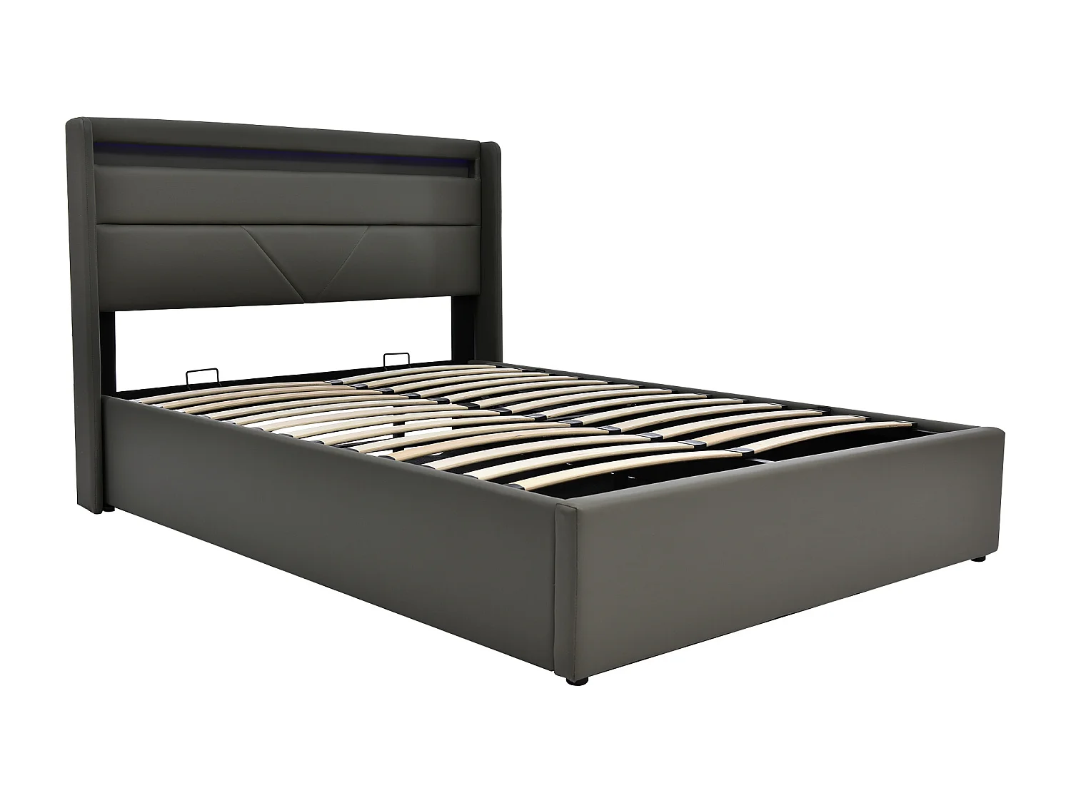 Volwassen opbergbed 140x200 cm met lattenbodem - gewatteerd hoofdeinde met LED-verlichting - grijs imitatieleer (zonder matras)