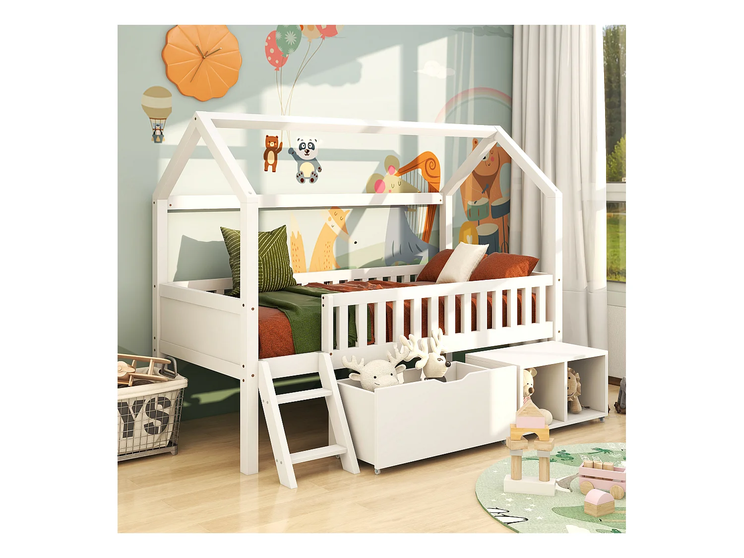 Lit mi hauteur enfant 90x200cm avec sommier - lit cabane avec tiroirs et rangement - bois - blanc (sans matelas)