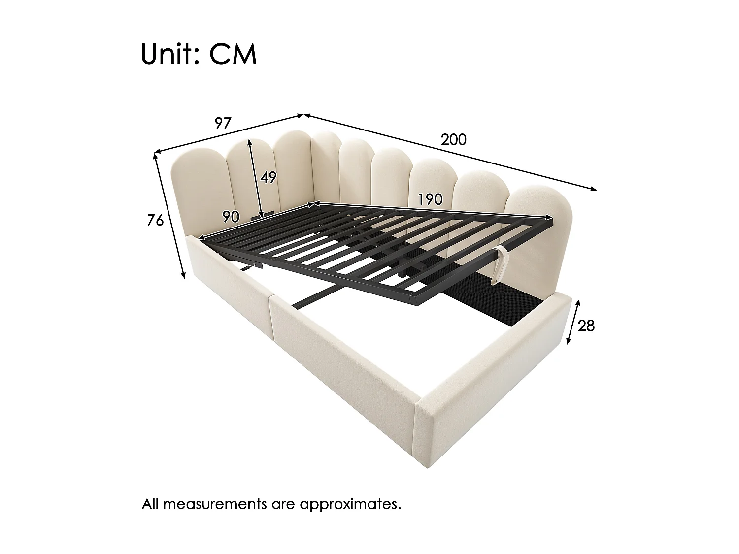 Lit simple 90x190 cm avec rangement, côtés interchangeables, sommier à lattes en fer, velours, beige (Sans matelas)
