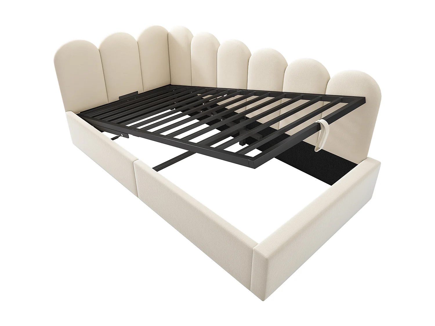 Lit simple 90x190 cm avec rangement, côtés interchangeables, sommier à lattes en fer, velours, beige (Sans matelas)