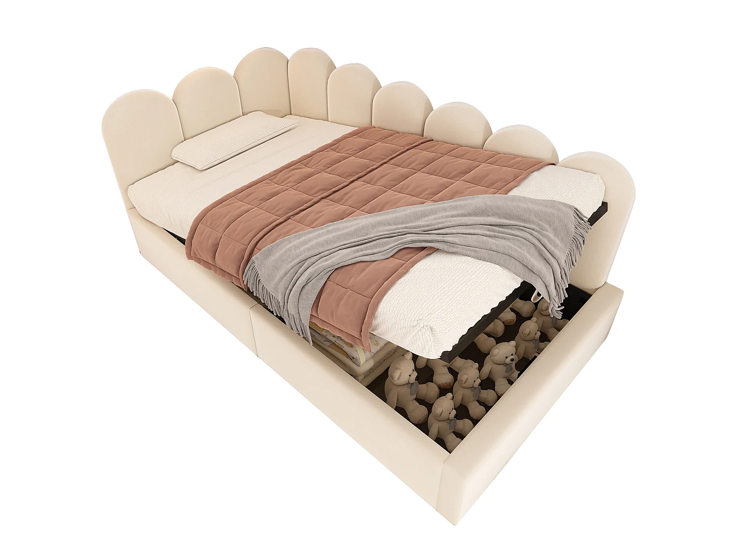 Kinderbed 90x190 met hydraulische opbergruimte, verwisselbare zijkanten, ijzeren lattenbodem, fluweel, beige (zonder matras)