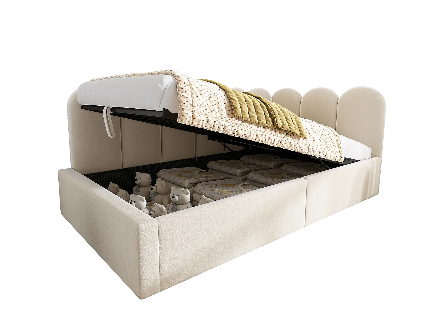 Kinderbed 90x190 met hydraulische opbergruimte, verwisselbare zijkanten, ijzeren lattenbodem, fluweel, beige (zonder matras)