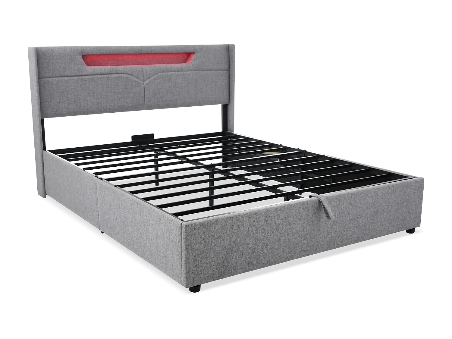 Letto contenitore per adulti 160x200 cm - testiera con USB e LED - struttura in metallo - lino grigio (senza materasso)