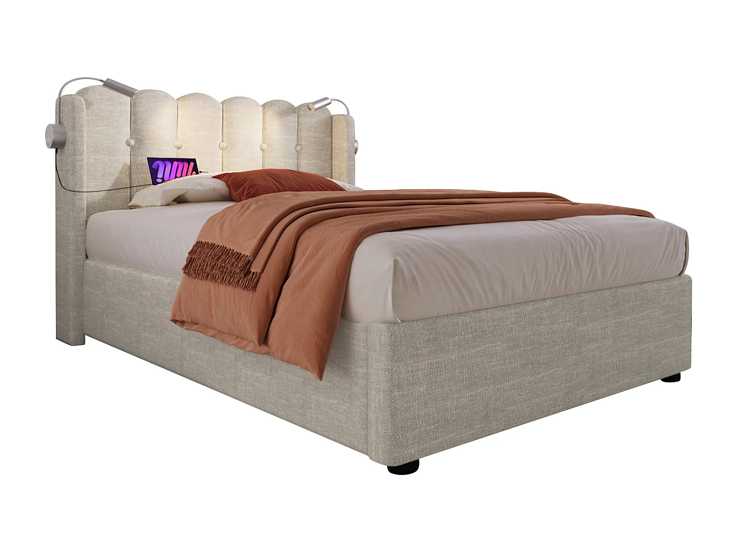 Lit coffre 90x200 cm avec sommier - tête de lit rembourré USB et lumière - lin naturel (sans matelas)