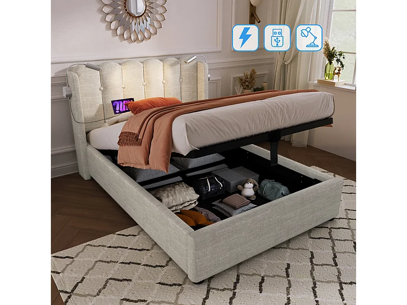 Kinderbed met opbergruimte 90x200 cm met lattenbodem - gewatteerd hoofdeinde USB en licht - natuurlijk linnen (zonder matras)