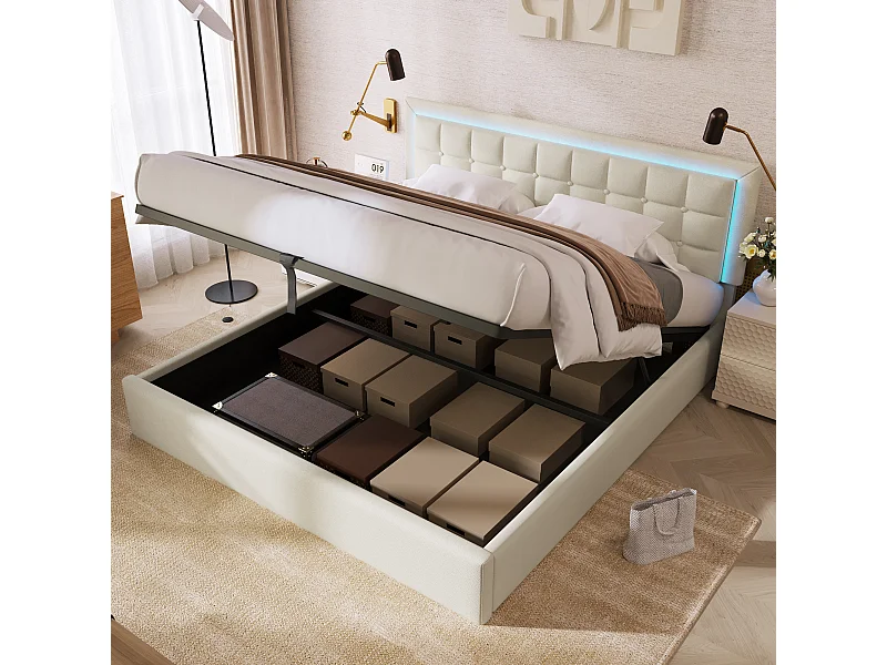 Lit coffre adulte 160x200 cm avec sommier - tête de lit rembourrée avec LED - similicuir blanc (sans matelas)