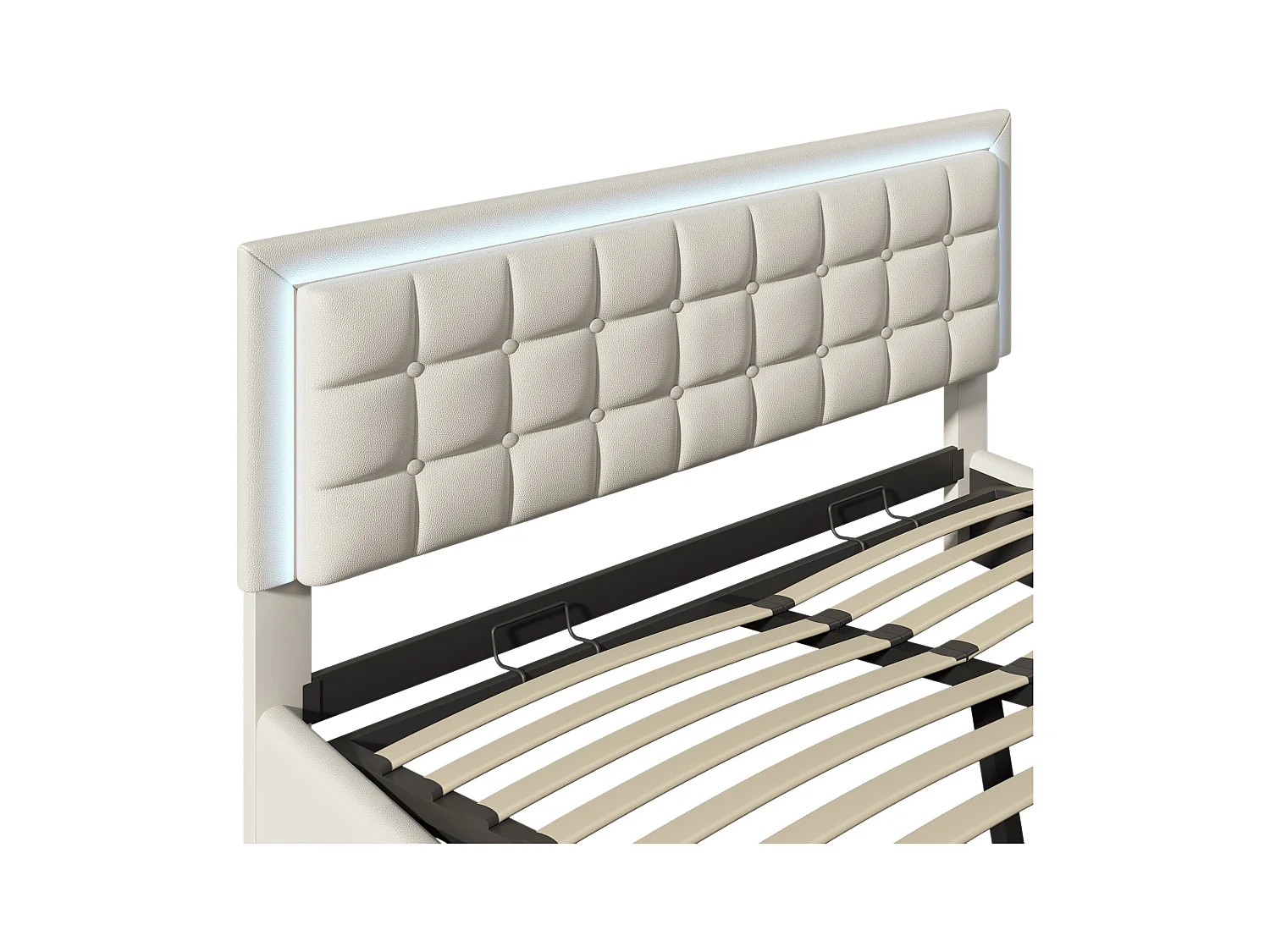 Lit coffre 160x200 cm avec sommier - tête de lit rembourrée avec LED - similicuir blanc (sans matelas)