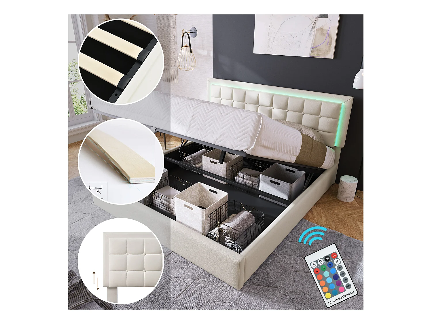 Lit coffre 160x200 cm avec sommier - tête de lit rembourrée avec LED - similicuir blanc (sans matelas)