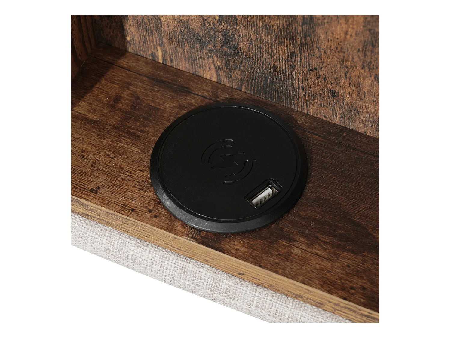 Lit coffre 160x200cm avec sommier - tête de lit avec USB et rangement - tissu lin - naturel (sans matelas)