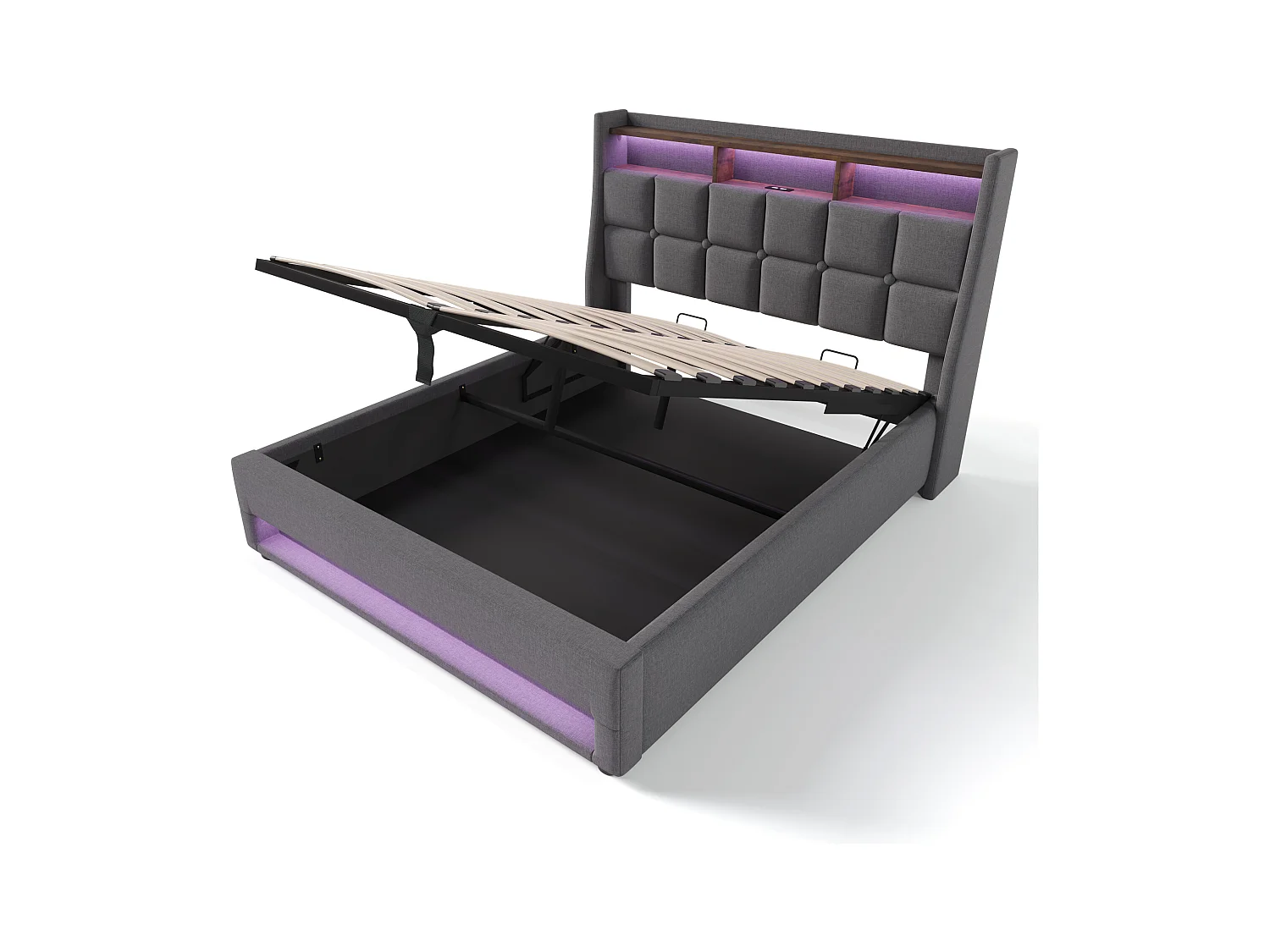 Volwassen opbergbed 160x200 cm met lattenbodem - gewatteerd hoofdeinde met USB en LED - linnen stof - grijs (zonder matras)