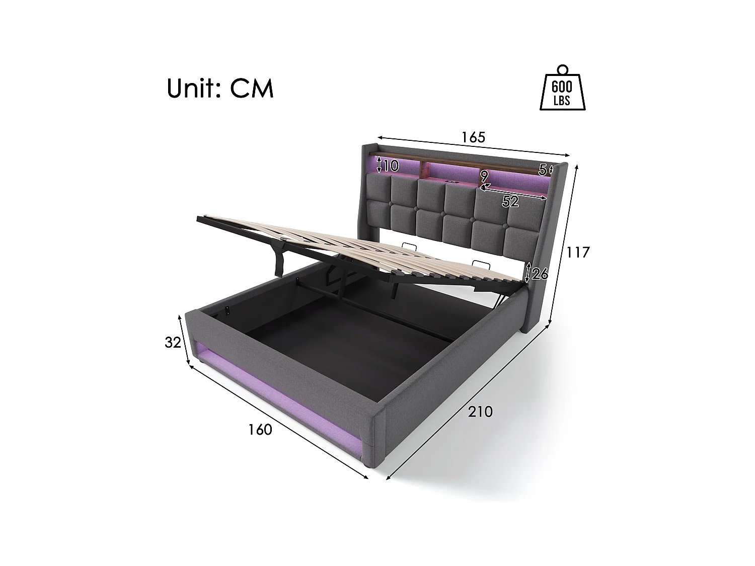 Volwassen opbergbed 160x200 cm met lattenbodem - gewatteerd hoofdeinde met USB en LED - linnen stof - grijs (zonder matras)