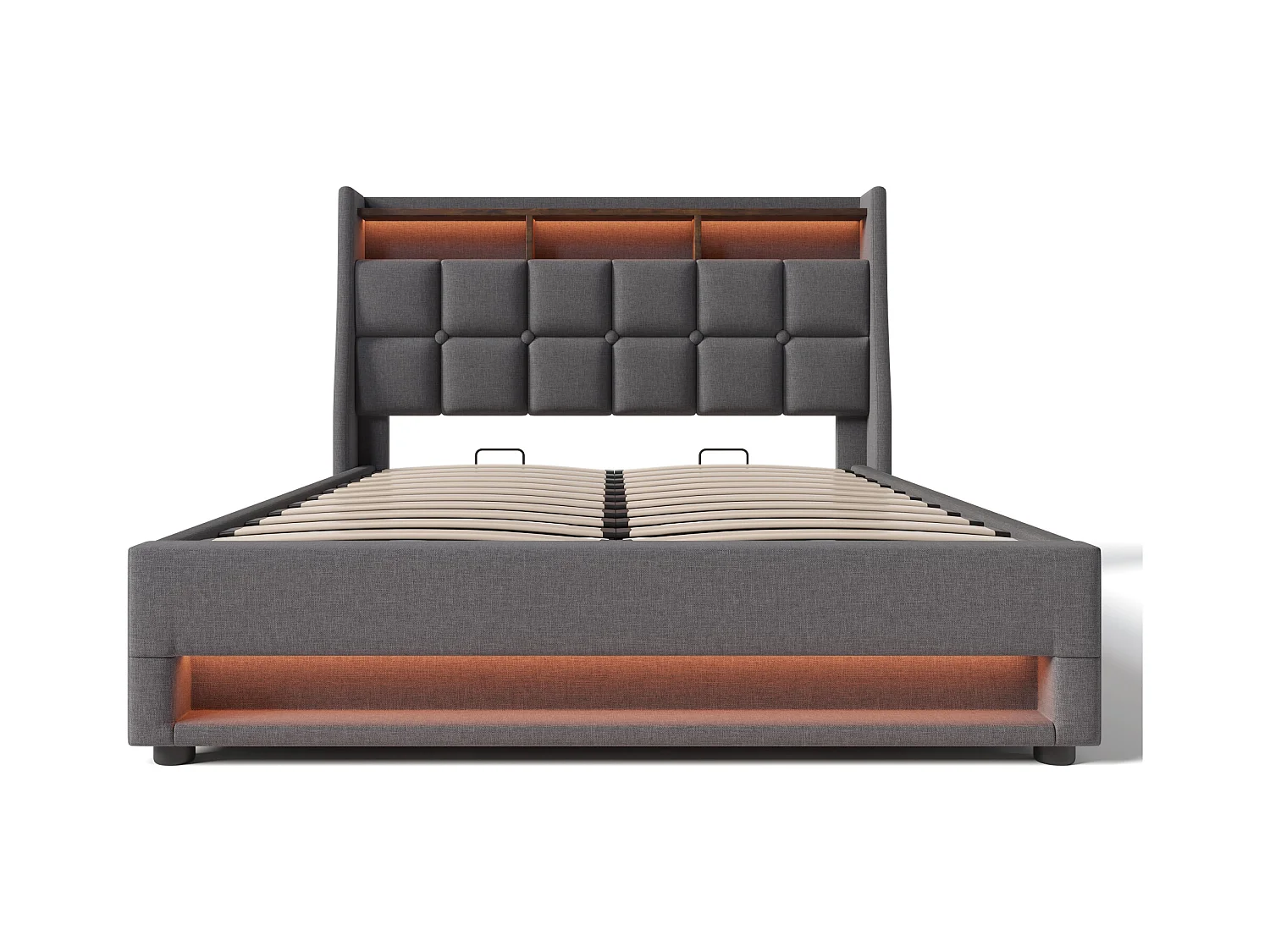 Volwassen opbergbed 160x200 cm met lattenbodem - gewatteerd hoofdeinde met USB en LED - linnen stof - grijs (zonder matras)