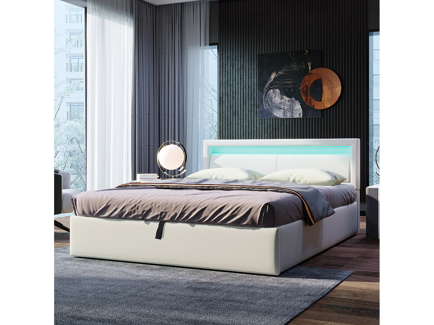 Cama canapé adulto 140x190 cm con somier de láminas - cabecero tapizado y LED - polipiel - blanco (sin colchón)