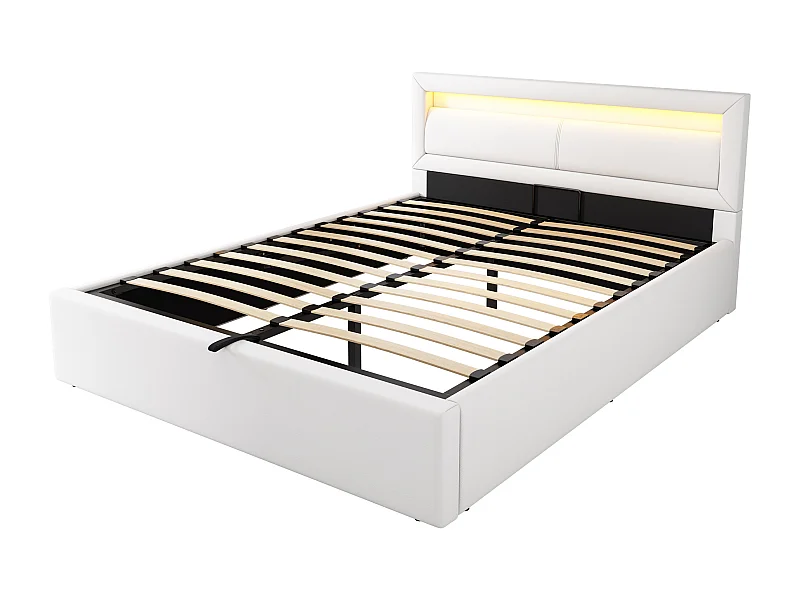 Cama canapé adulto 140x190 cm con somier de láminas - cabecero tapizado y LED - polipiel - blanco (sin colchón)