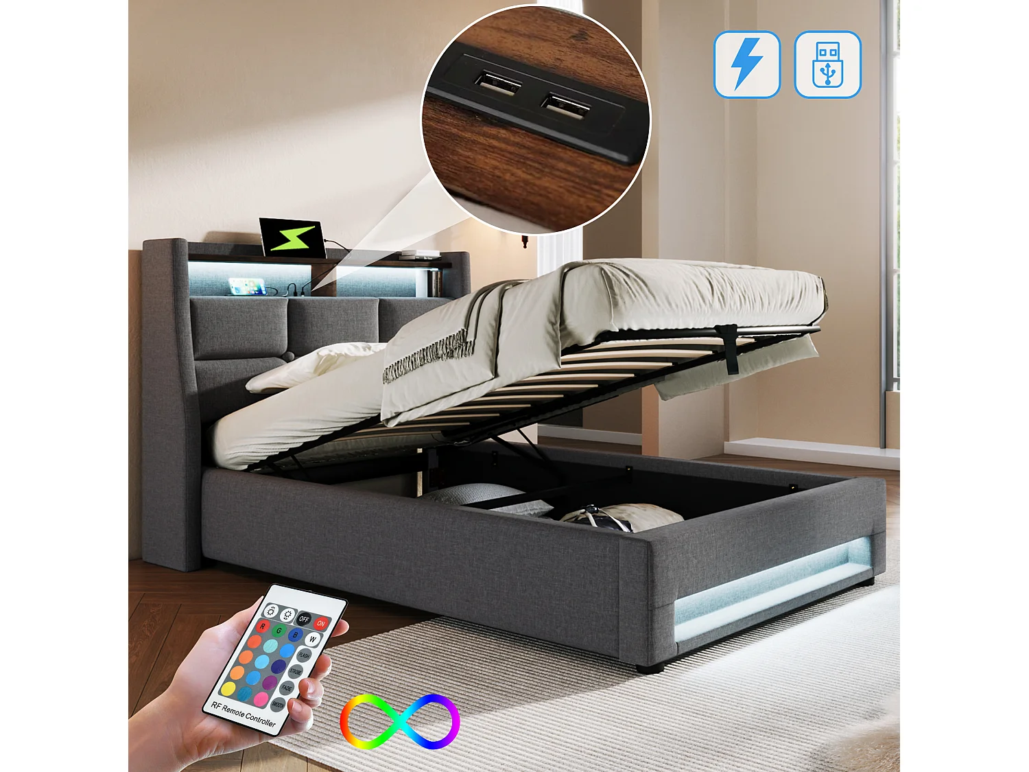 Kinderbed met opbergruimte 90x200 cm met lattenbodem - gewatteerd hoofdbord met USB en LED - linnen stof - grijs (zonder matras)