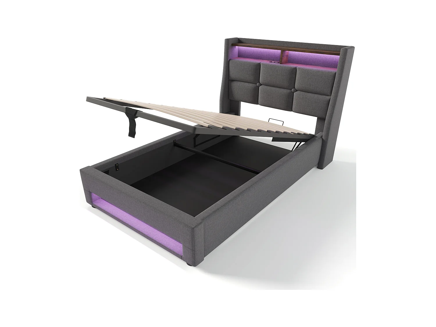 Kinderbed met opbergruimte 90x200 cm met lattenbodem - gewatteerd hoofdbord met USB en LED - linnen stof - grijs (zonder matras)