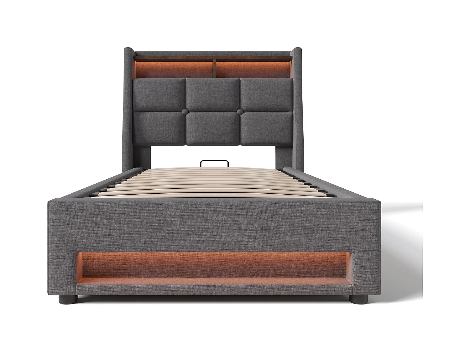 Kinderbed met opbergruimte 90x200 cm met lattenbodem - gewatteerd hoofdbord met USB en LED - linnen stof - grijs (zonder matras)