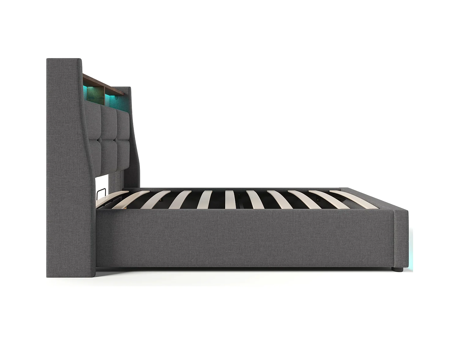 Kinderbed met opbergruimte 90x200 cm met lattenbodem - gewatteerd hoofdbord met USB en LED - linnen stof - grijs (zonder matras)