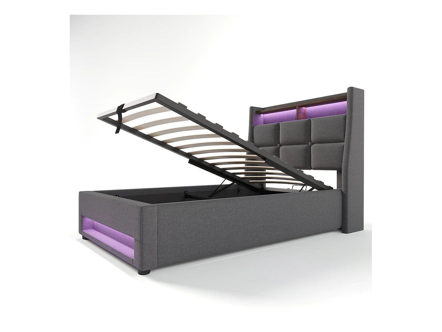 Kinderbed met opbergruimte 90x200 cm met lattenbodem - gewatteerd hoofdbord met USB en LED - linnen stof - grijs (zonder matras)