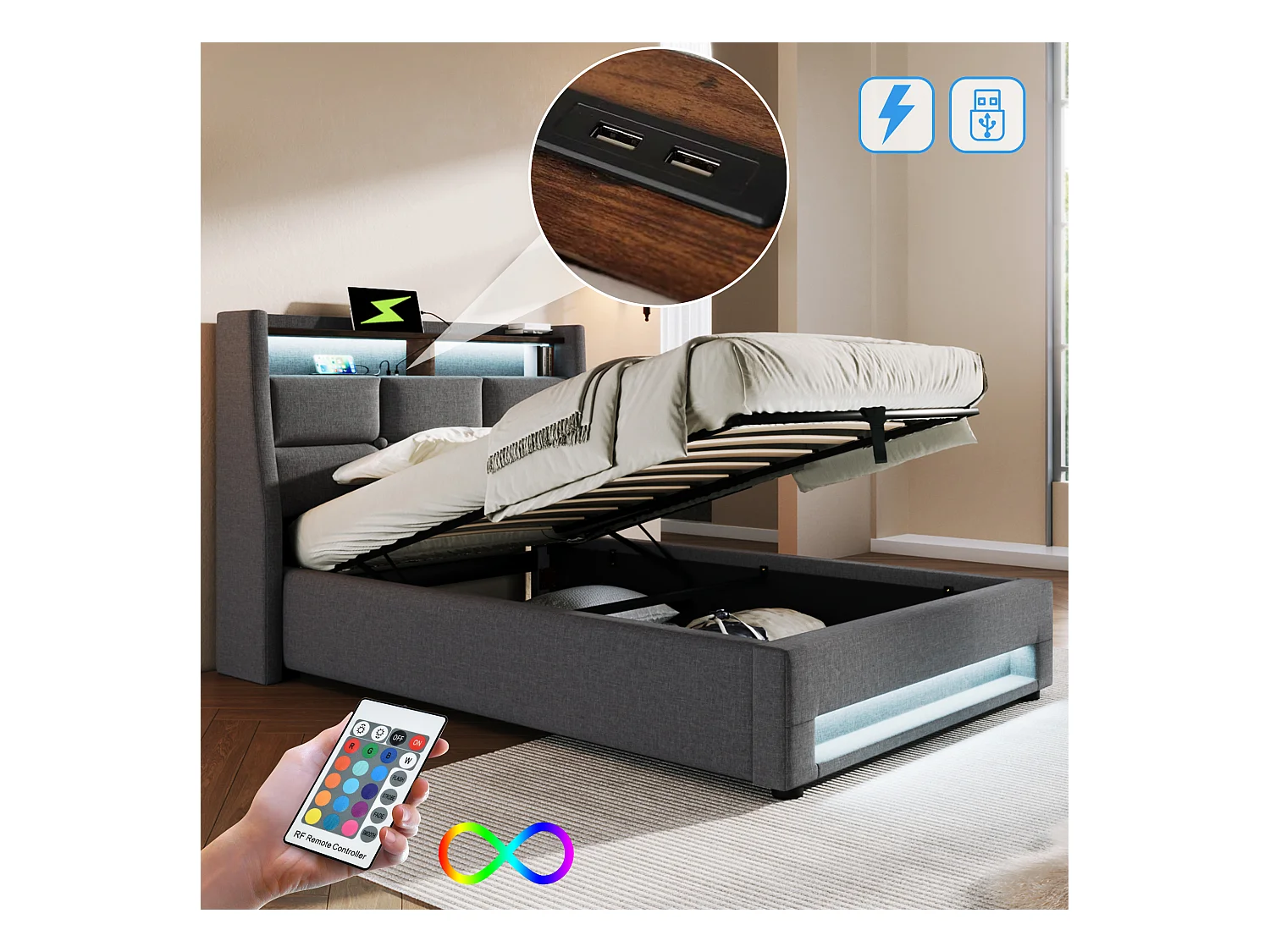 Lit coffre enfant 90x200 cm avec avec sommier - tête de lit capitonnée avec USB et LED - tissu lin - gris (sans matelas)