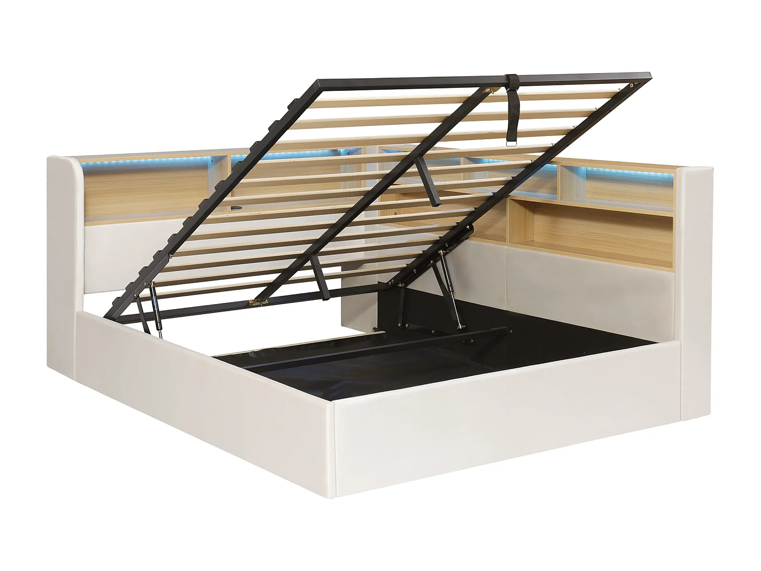 Lit coffre 140x190cm avec LED Port USB et dossier tissu de velours en beige pour adultes et enfants (sans matelas)