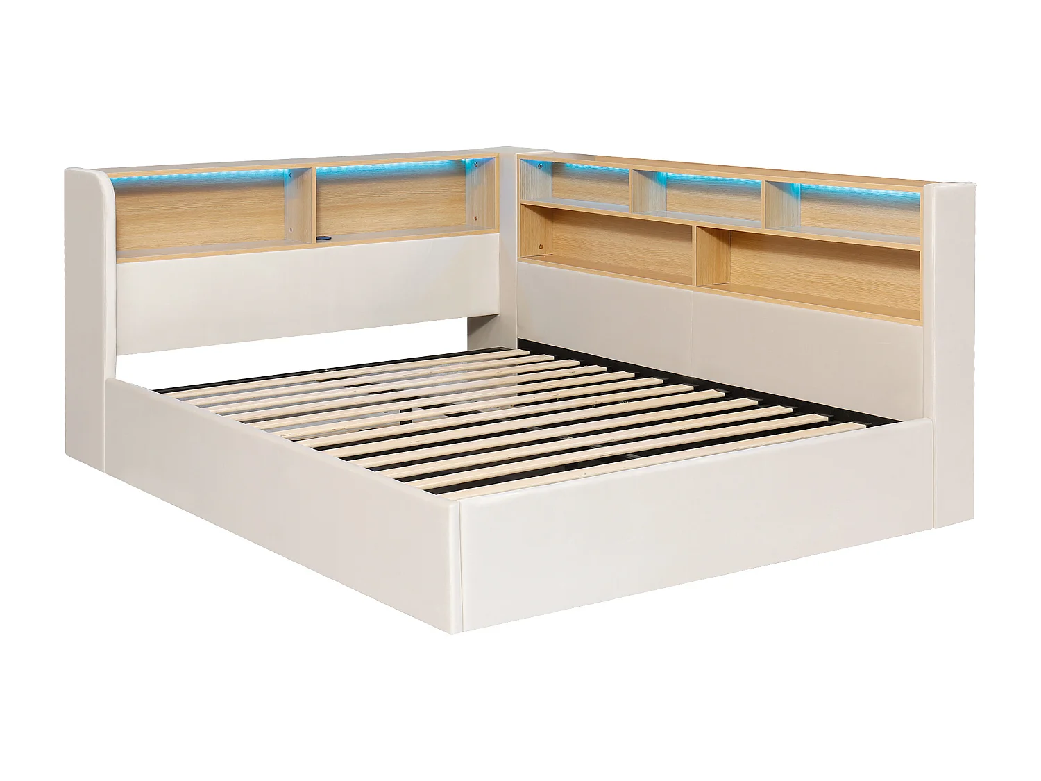 Lit coffre 140x190cm avec LED Port USB et dossier tissu de velours en beige pour adultes et enfants (sans matelas)