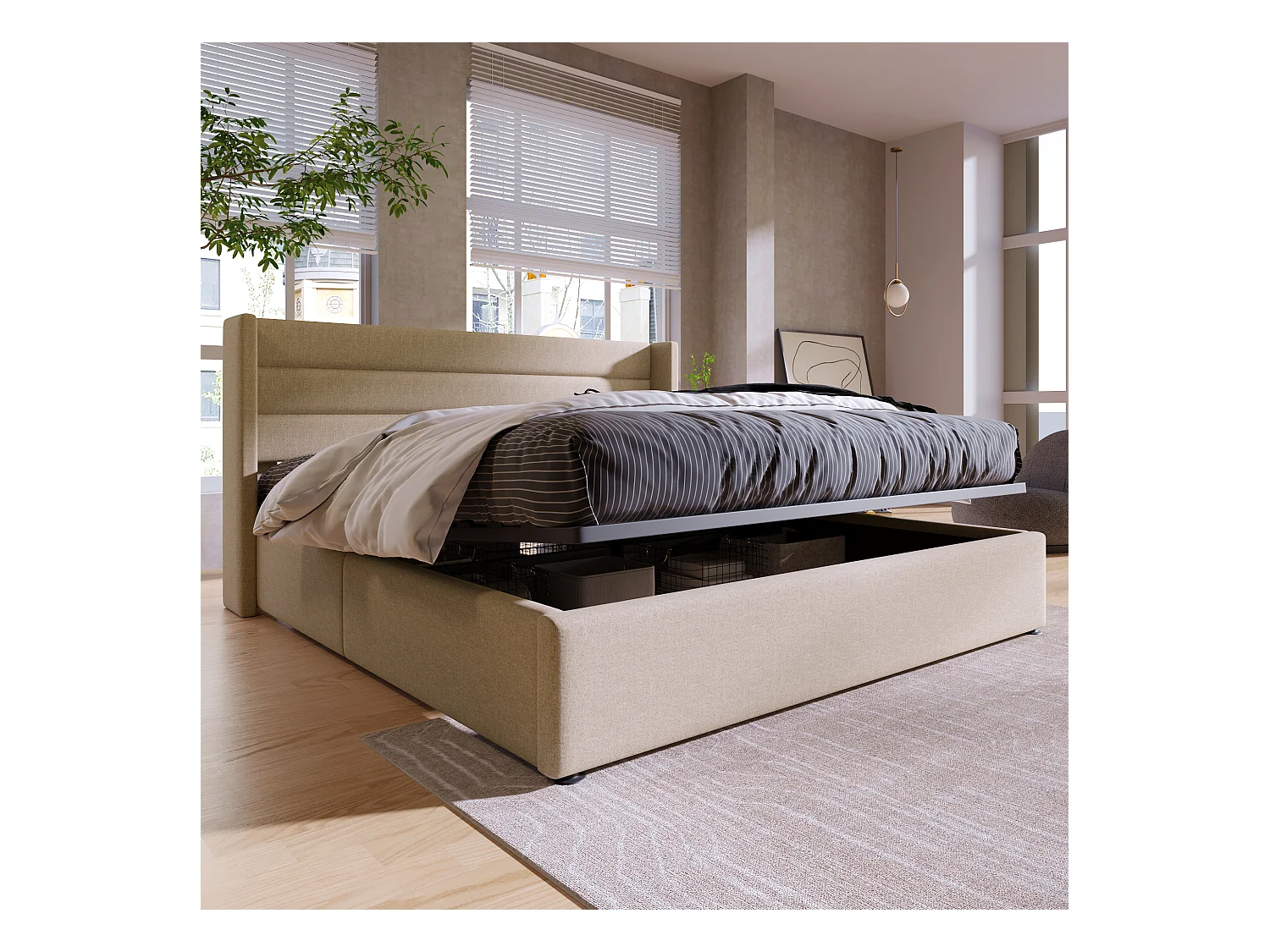 Lit coffre 140x200 cm avec sommier - tête de lit capitonnée - métal + bois - lin beige (sans matelas)