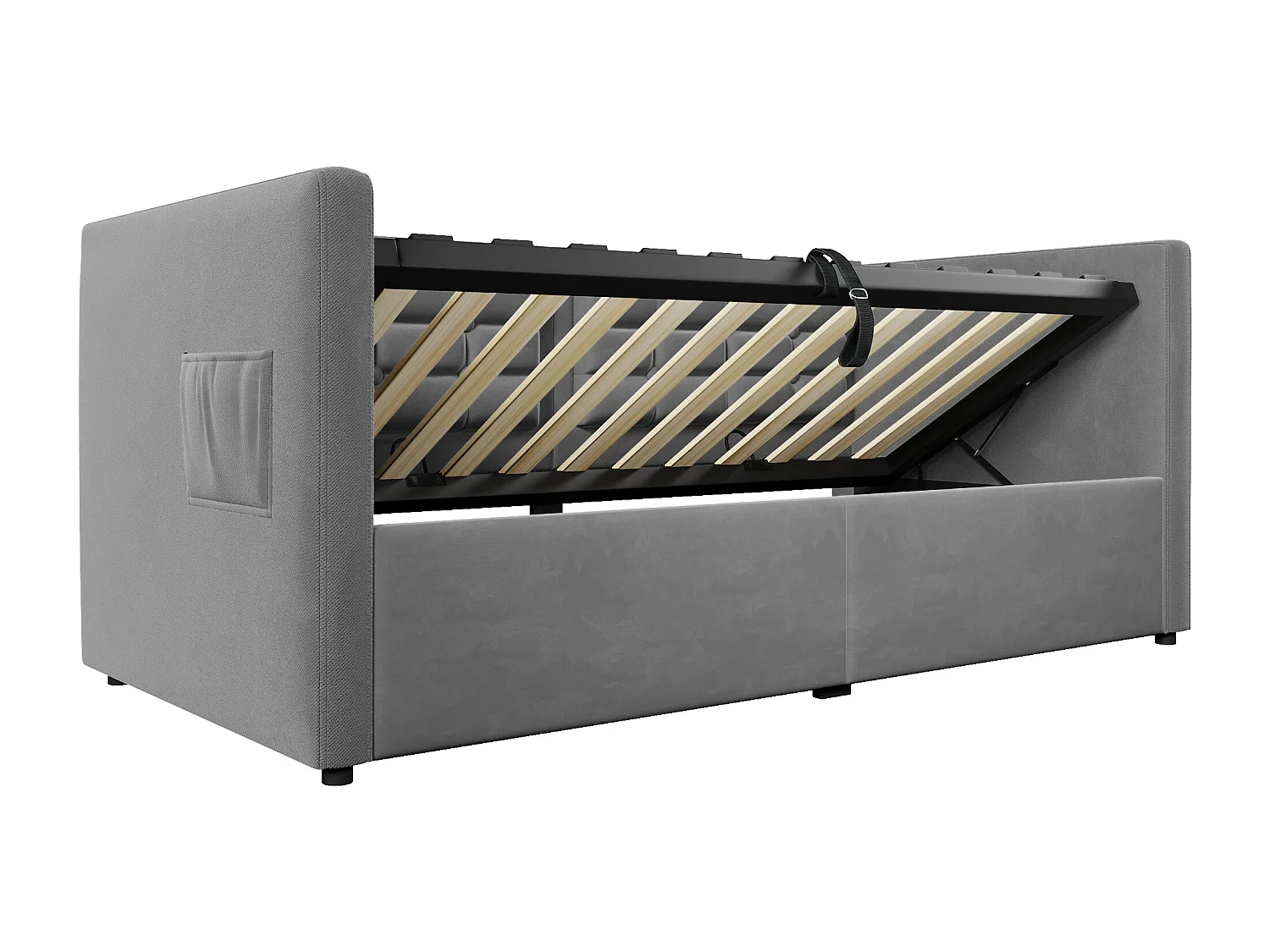 Lit coffre 90x200 cm avec rangement hydraulique et station de charge USB Type C, avec lattes, en velours, gris (Sans matelas)