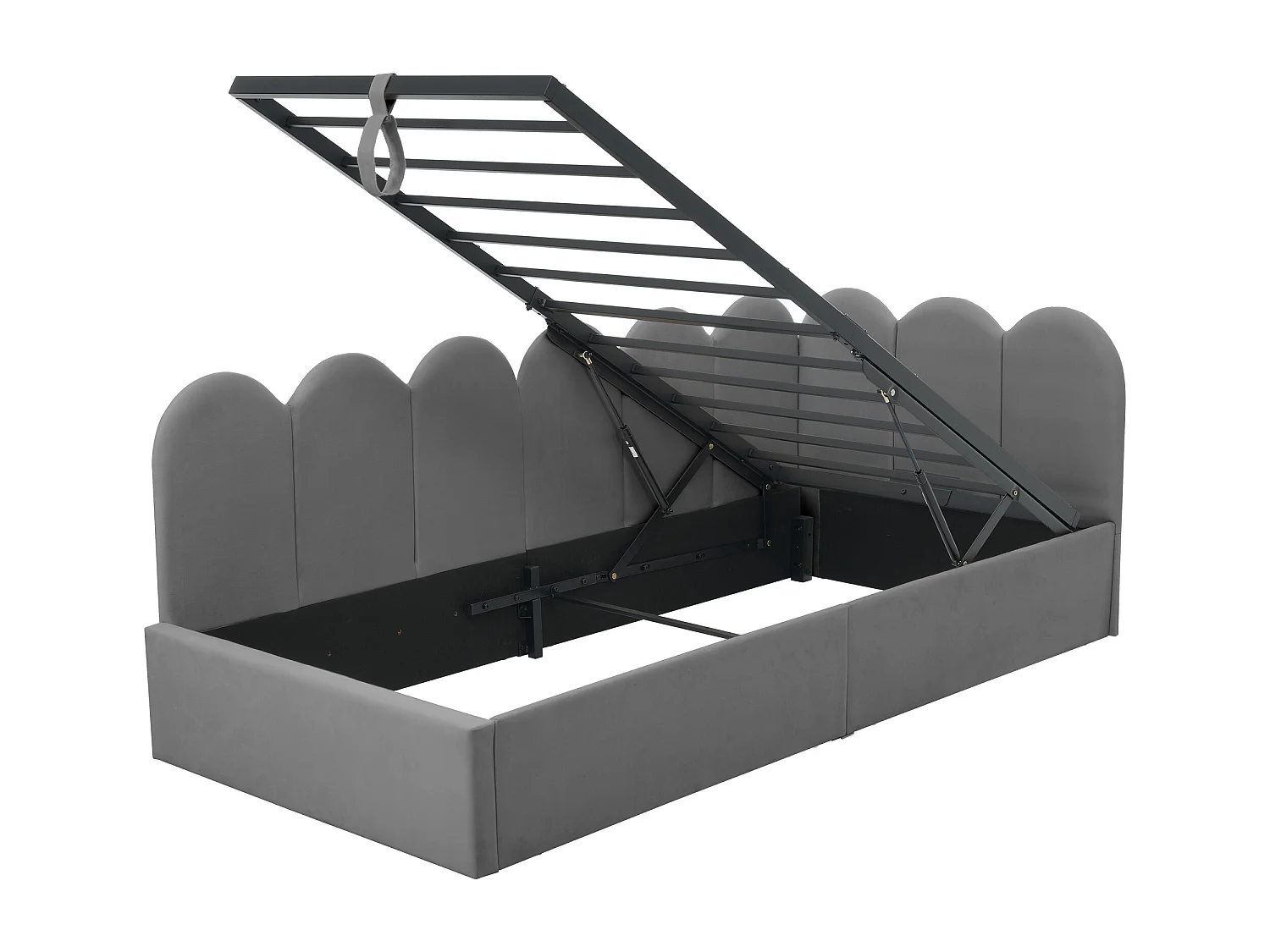 Lit coffre 90x190cm avec sommier - tête de lit capitonnée - cadre de lit en métal - velours gris (sans matelas)