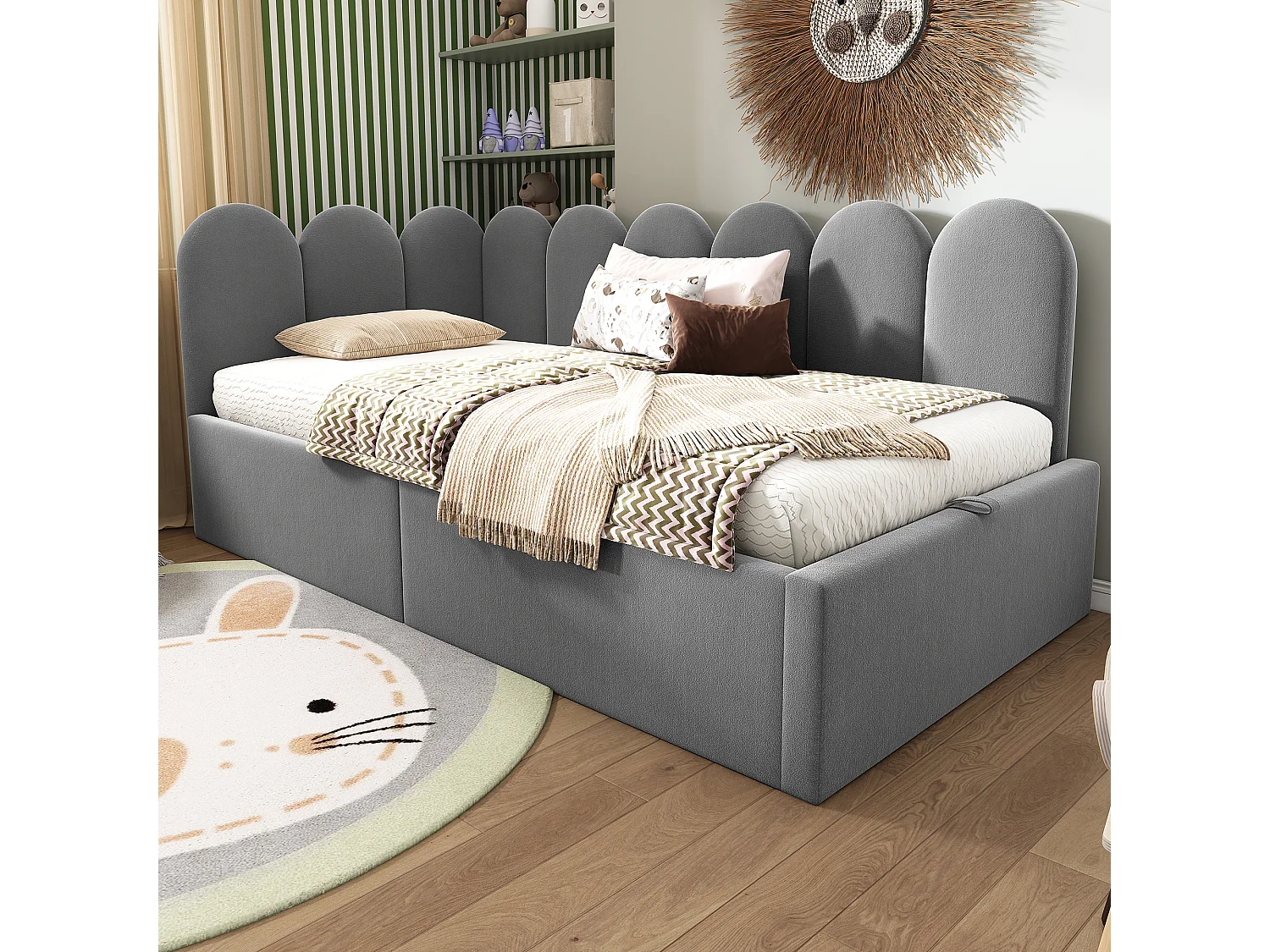 Lit coffre 90x190 cm avec rangement hydraulique, côtés réversibles, sommier à lattes en métal, velours, gris (Sans matelas)