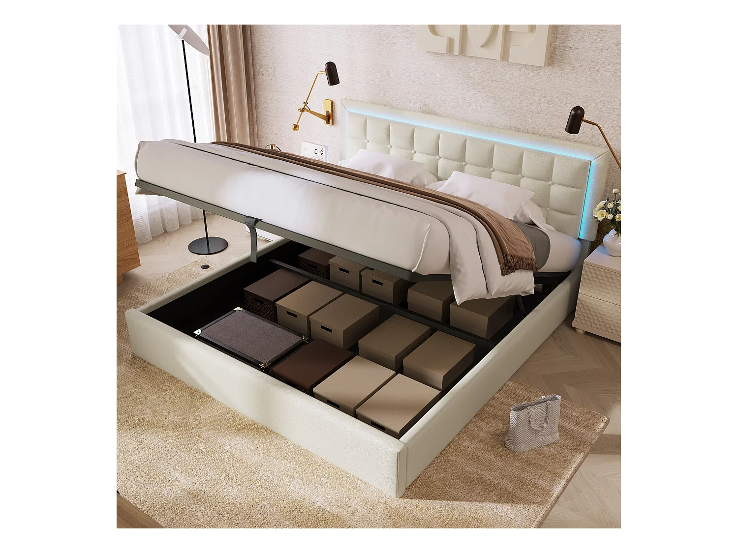 Lit coffre adulte 180x200 cm avec sommier - tête de lit rembourrée avec LED - similicuir blanc (sans matelas)
