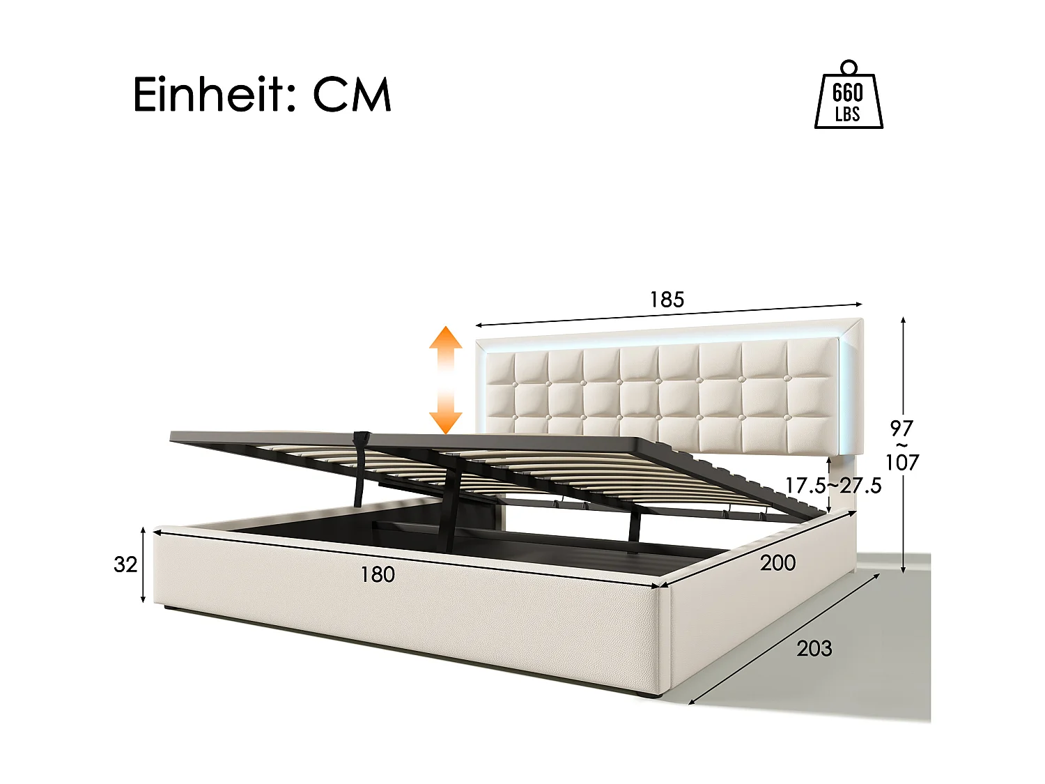 Volwassen opbergbed 180x200 cm met lattenbodem - gewatteerd hoofdeinde met LED-verlichting - wit imitatieleer (zonder matras)