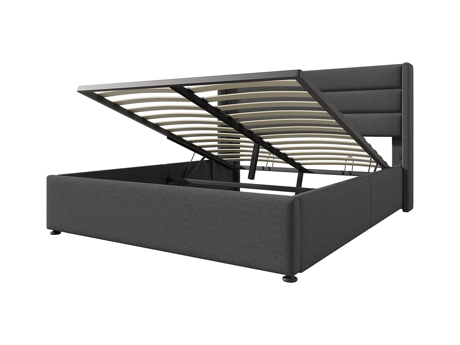 Lit coffre 140x200 cm avec sommier - tête de lit capitonnée - métal + bois - lin gris (sans matelas)