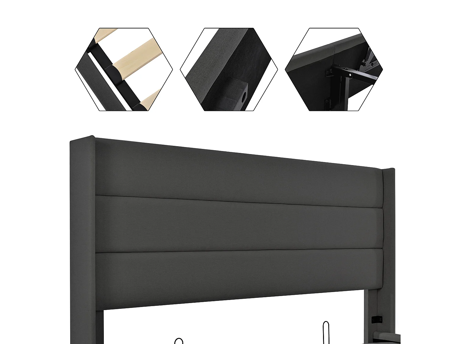 Lit coffre 140x200 cm avec sommier - tête de lit capitonnée - métal + bois - lin gris (sans matelas)