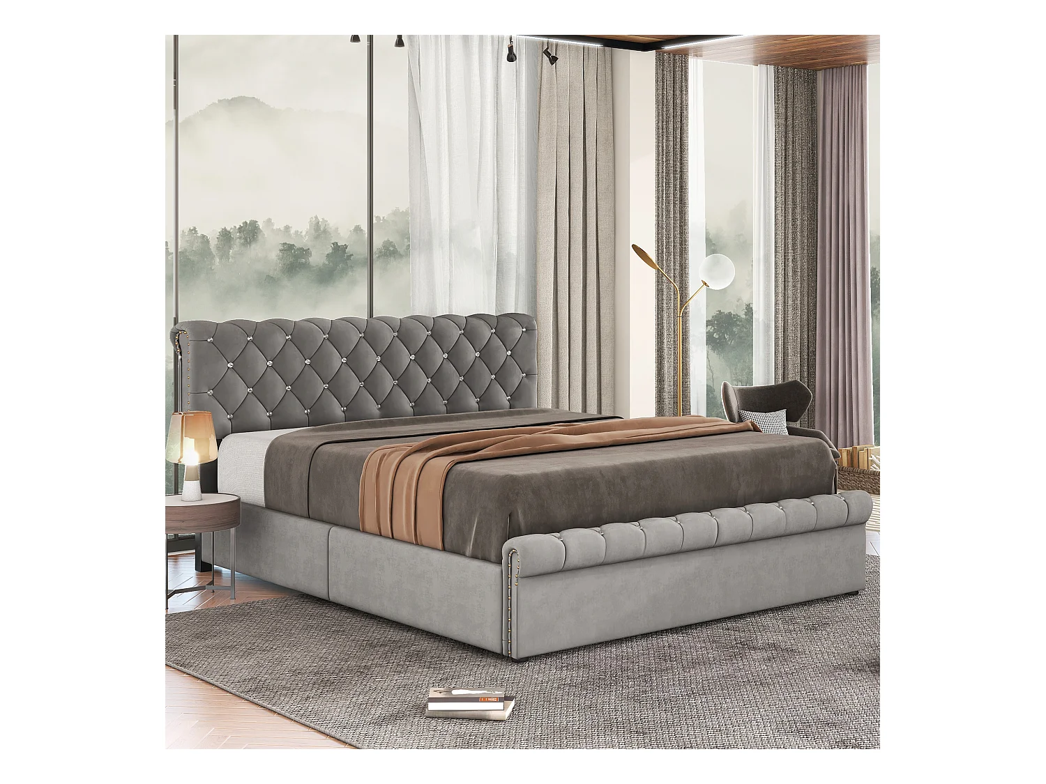 Lit coffre adulte 140x200 cm avec sommier - tête de lit réglable en hauteur - velours - gris (sans matelas)
