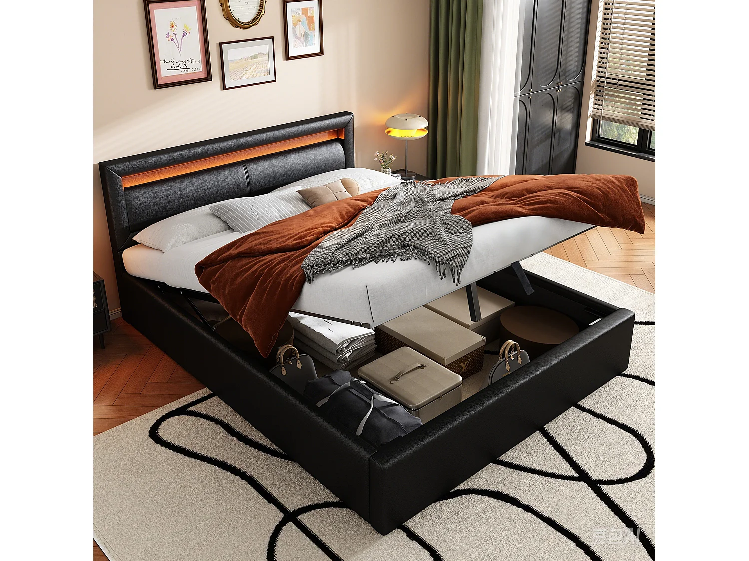 Cama canapé adulto 140x190 cm con somier de láminas - cabecero tapizado y LED - polipiel - color negro (sin colchón)