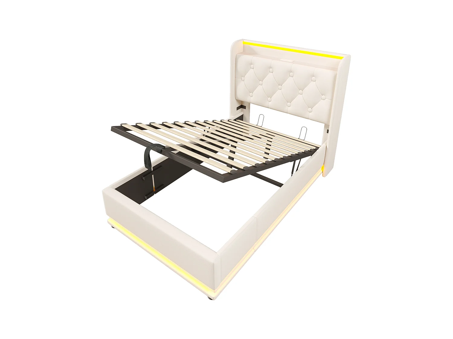 Lit coffre 90x200 cm avec sommier - tête de lit avec USB et LED - similicuir blanc - (sans matelas)
