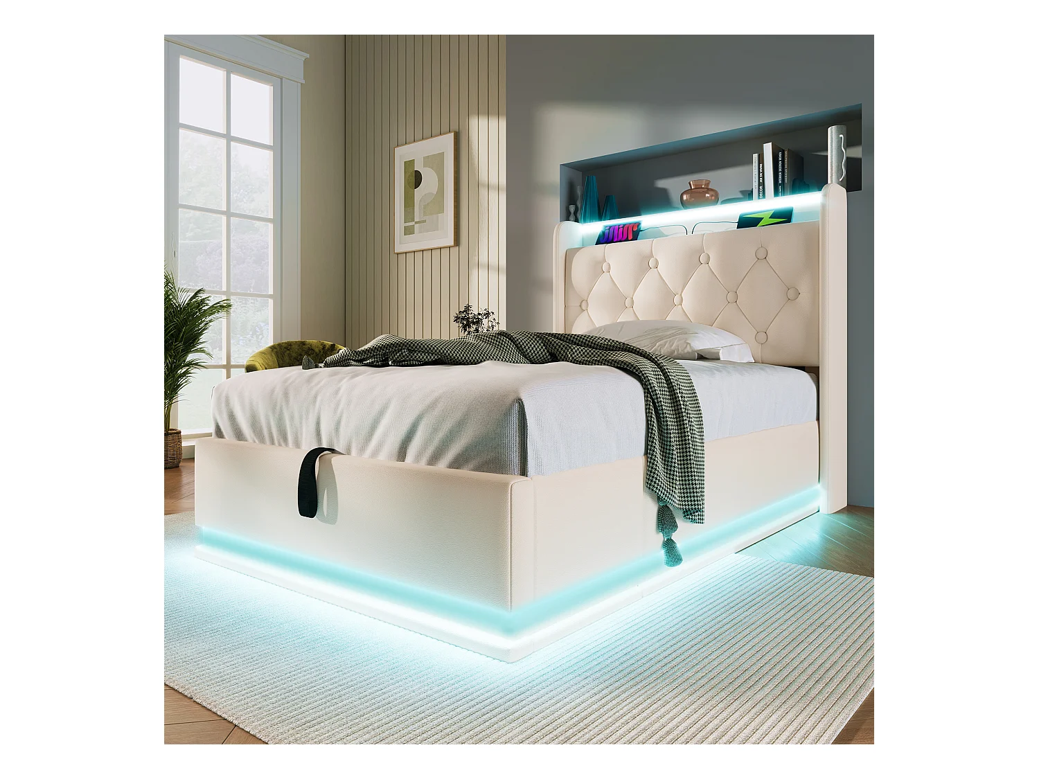 Lit coffre 90x200 cm avec sommier - tête de lit avec USB et LED - similicuir blanc - (sans matelas)