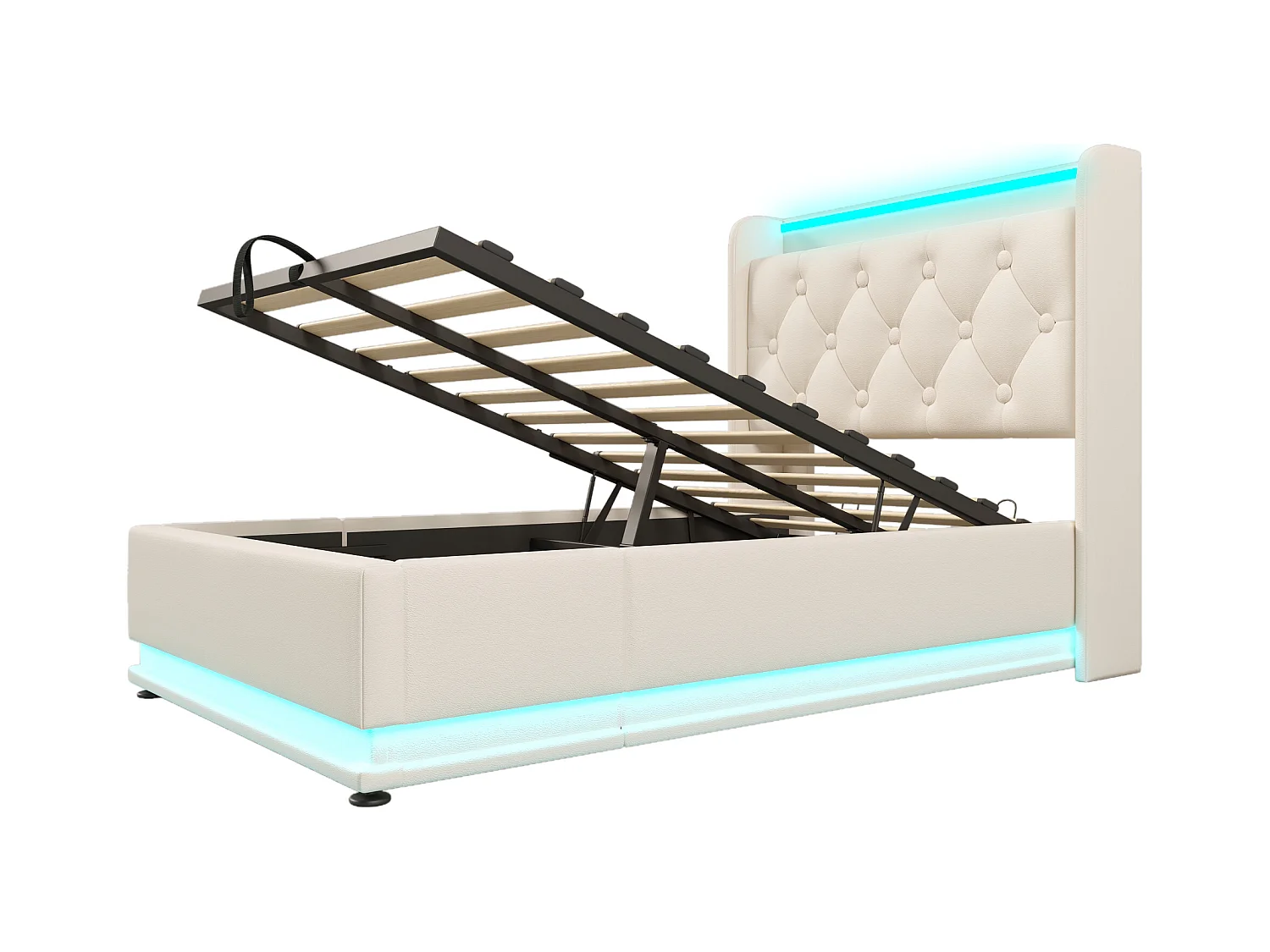 Lit coffre 90x200 cm avec sommier - tête de lit avec USB et LED - similicuir blanc - (sans matelas)