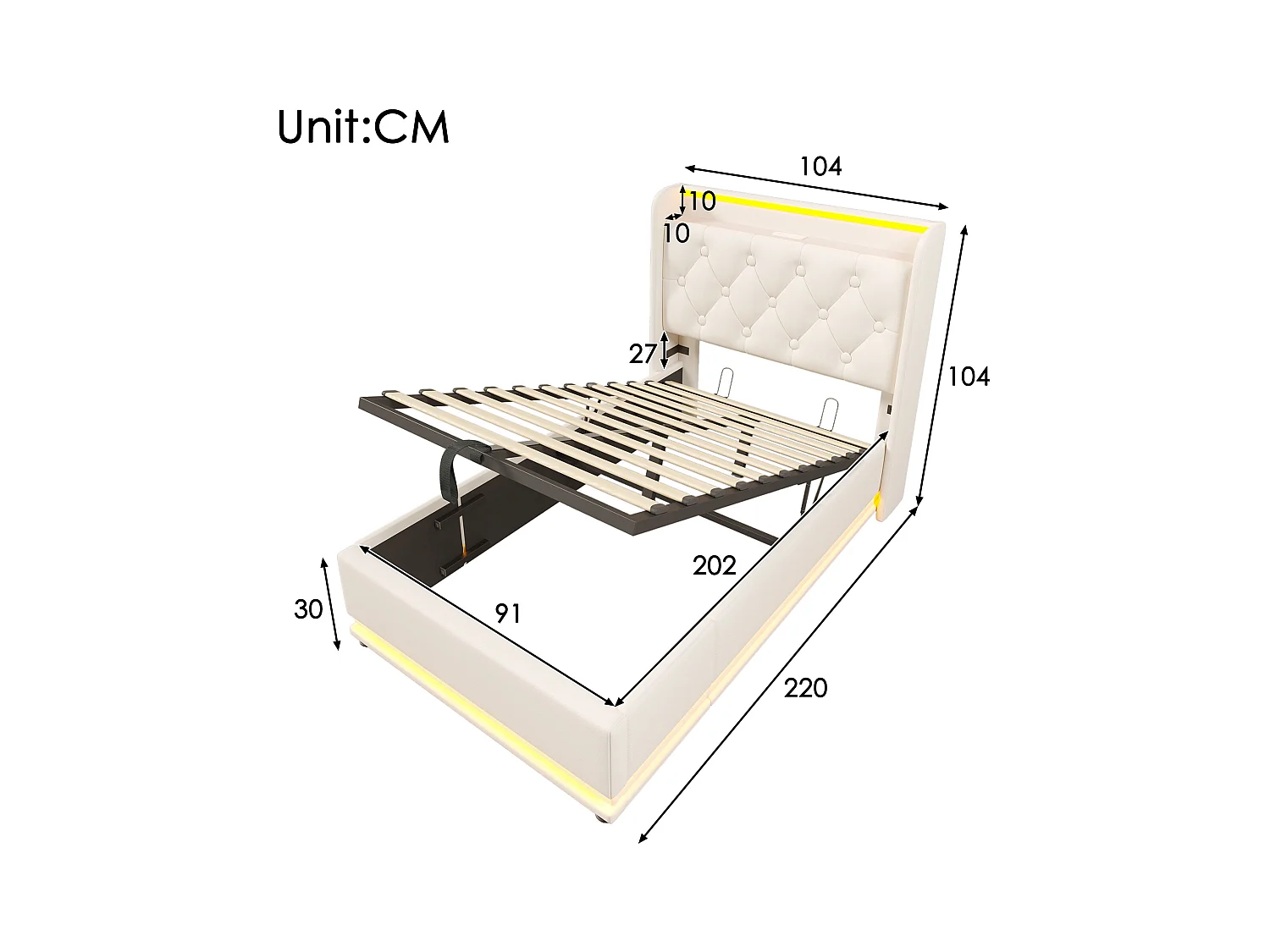 Lit coffre enfant 90x200 cm avec sommier - tête de lit avec USB et LED - similicuir blanc - (sans matelas)