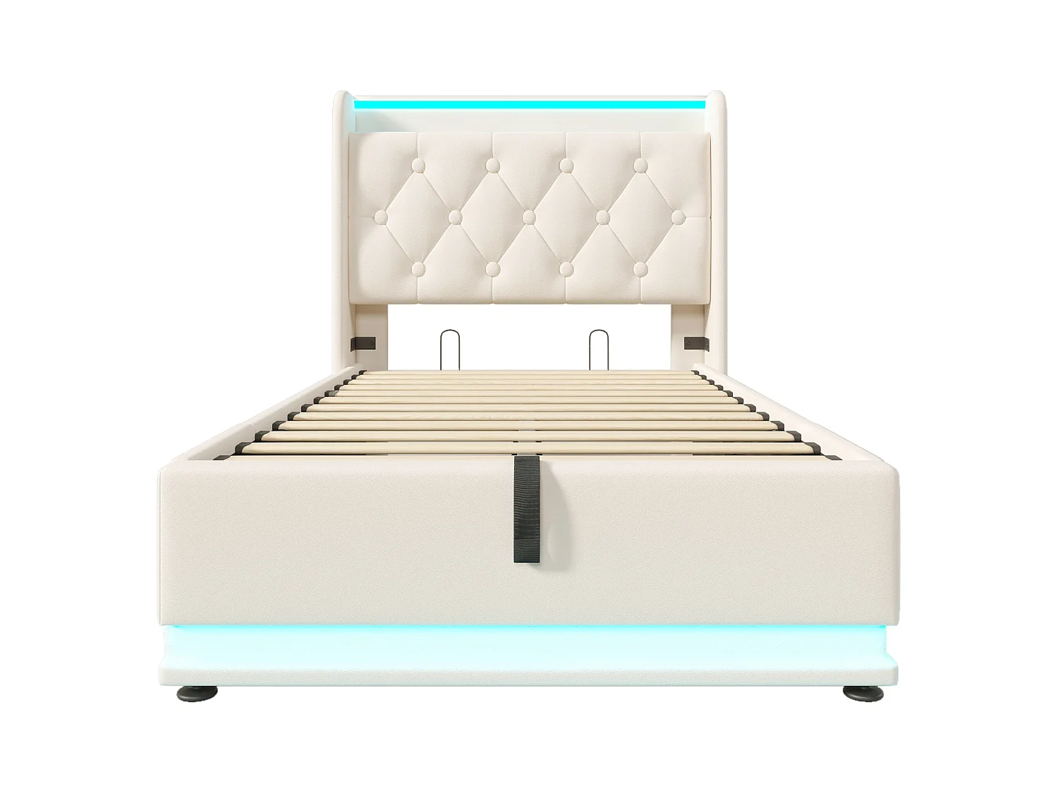 Lit coffre enfant 90x200 cm avec sommier - tête de lit avec USB et LED - similicuir blanc - (sans matelas)