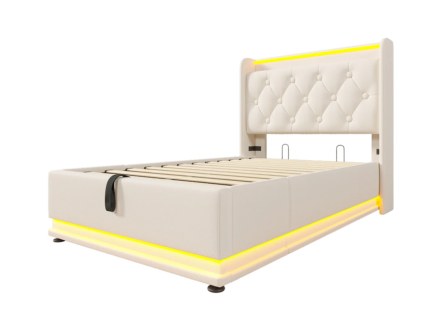 Lit coffre enfant 90x200 cm avec sommier - tête de lit avec USB et LED - similicuir blanc - (sans matelas)
