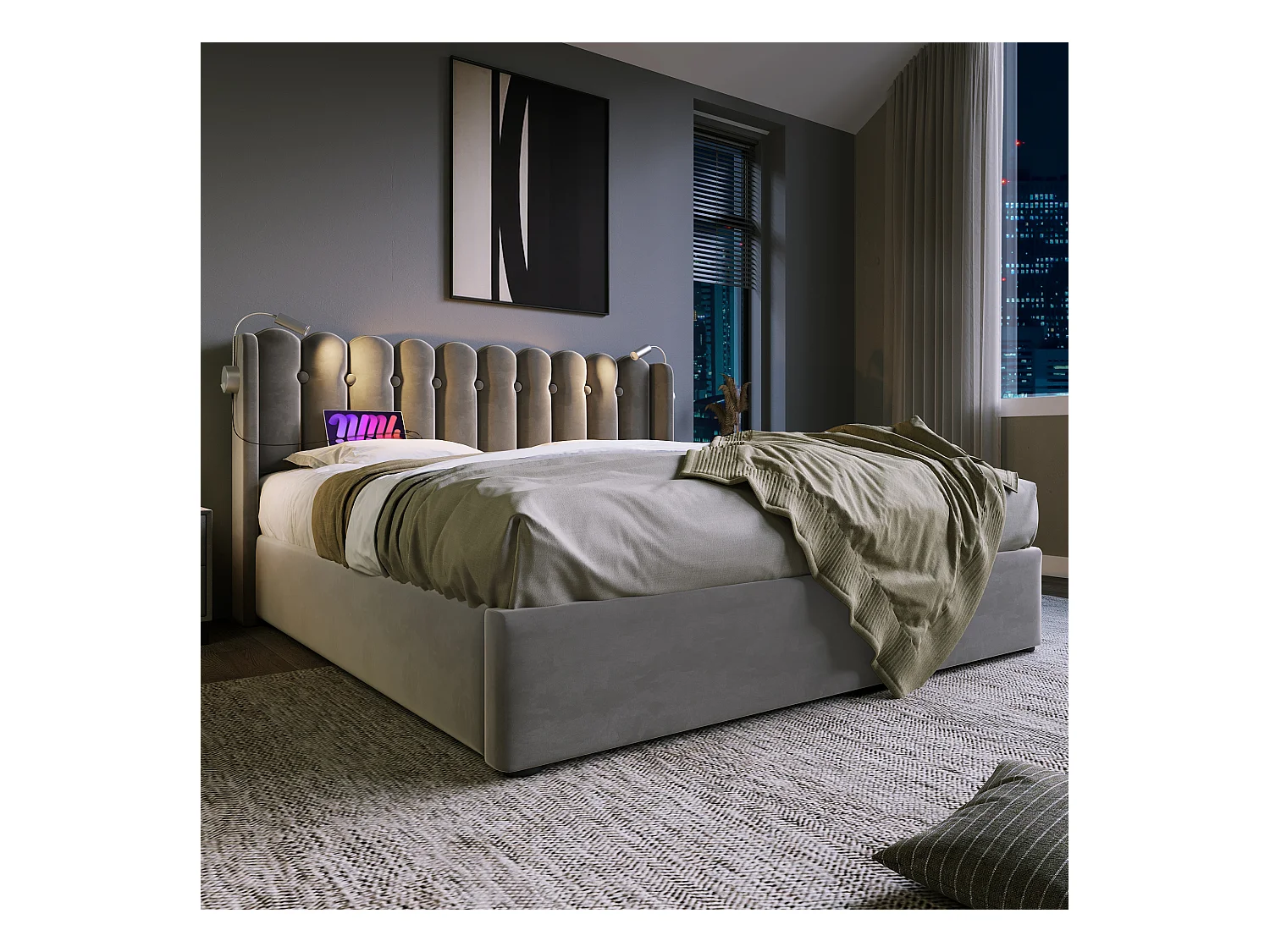 lit coffre 160x200 cm avec sommier - tête de lit rembourré USB et lumière - velours gris (sans matelas)