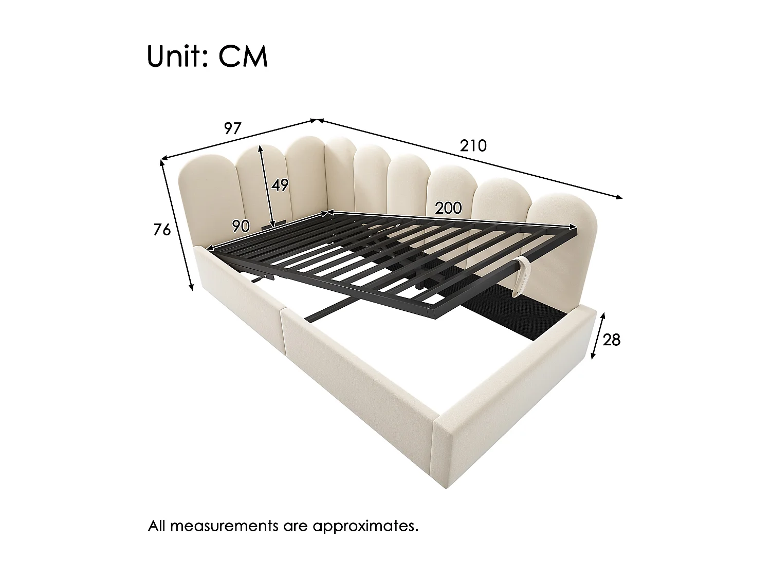 Kinderbed met opbergruimte 90x200 cm met lattenbodem - jeugdbed met metalen bedframe - beige fluweel (zonder matras)