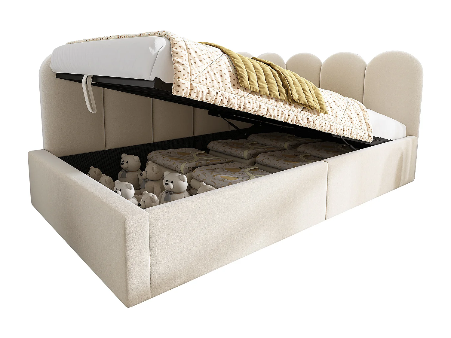 Lit simple 90x200 cm avec coffre de rangement hydraulique, lattes métalliques, en velours, beige (Sans matelas)