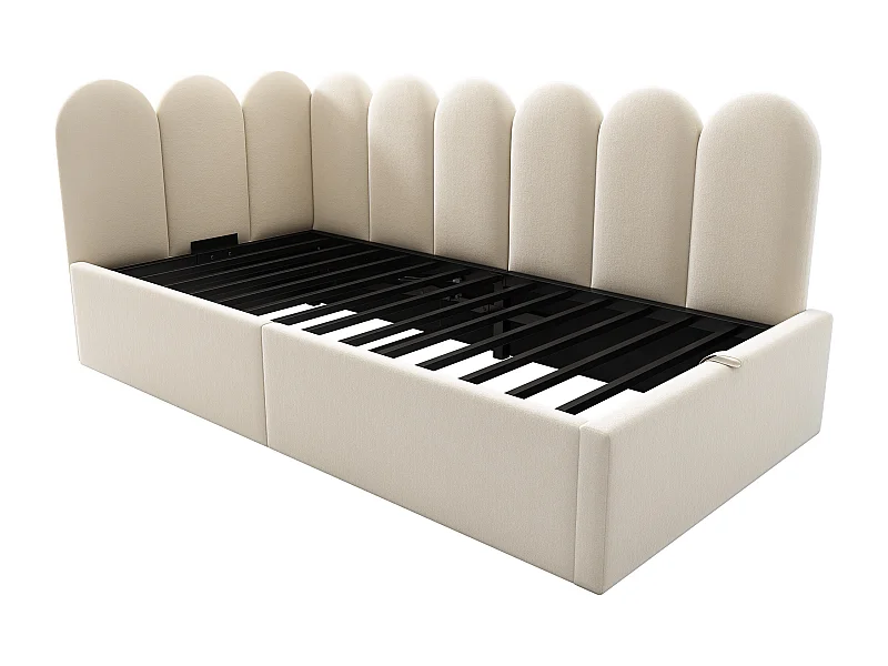 Kinderbed met opbergruimte 90x200 cm met lattenbodem - jeugdbed met metalen bedframe - beige fluweel (zonder matras)