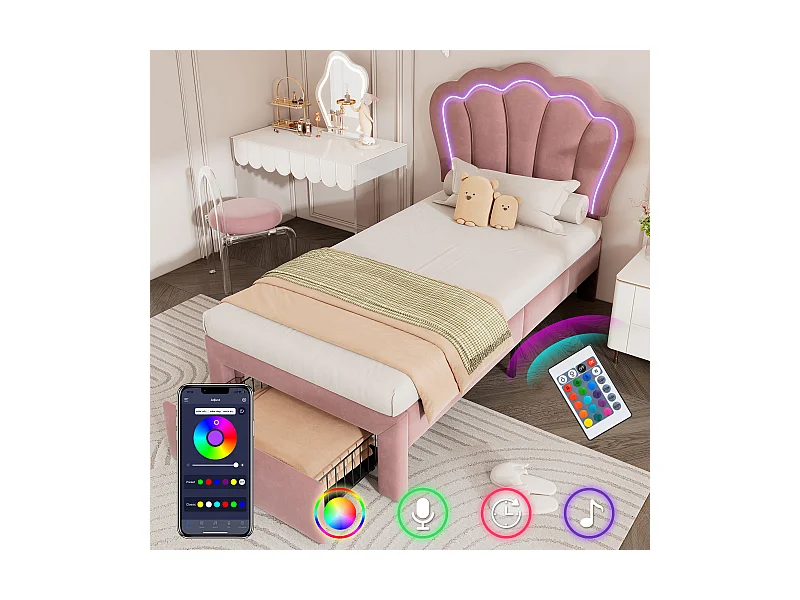 Lit enfant 90x190 cm avec tiroirs - tête de lit réglable avec LED - cadre de lit en métal - velours rose (sans matelas)