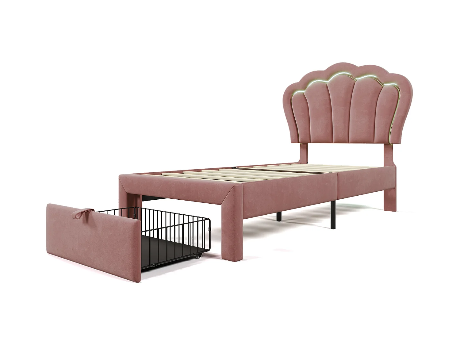 Lit enfant 90x190 cm avec tiroirs - tête de lit réglable avec LED - cadre de lit en métal - velours rose (sans matelas)