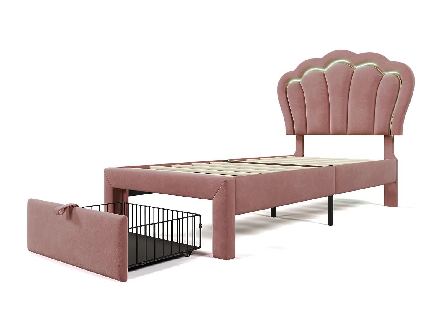 Eenpersoonsbed kinderbed 90x190 cm met lades - verstelbaar hoofdeinde met LED - metalen bedframe - roze fluweel (zonder matras)